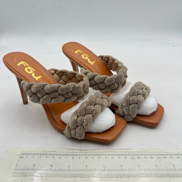 FSJ Nude Square Open Toe Stiletto Heels Rhinestones Sandals Mules Two Strap Shoe - Picture 3 of 7